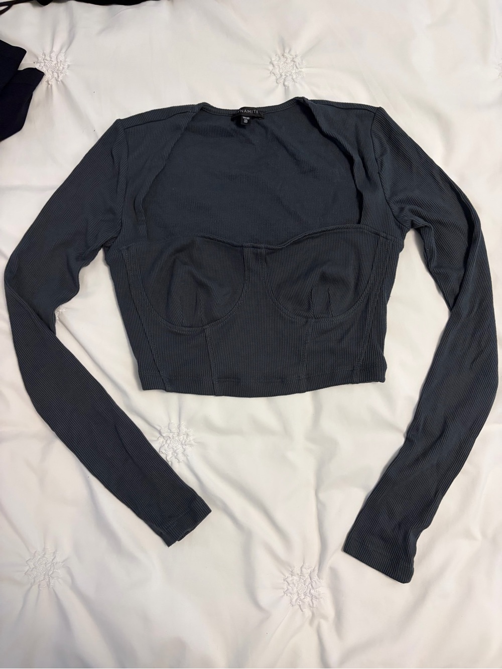 Dynamite Charcoal/Very Dark Green Ribbed Bustier Long-Sleeve Crop Top